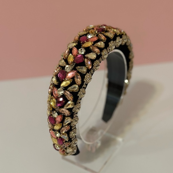 Two Tone Pink and White Rhinestone Black Velvet Headband - Picture 4 of 9